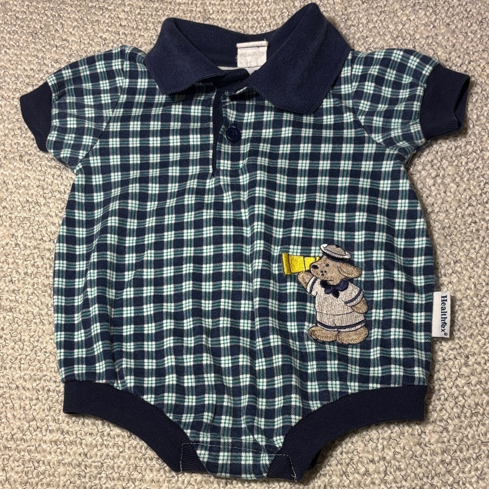Vintage 80s/90s HealthTex Baby Romper Gingham Navy Embroidered Sailor Dog